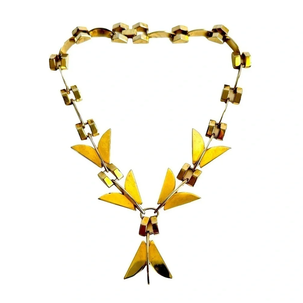 Vintage Modernist Necklace Gold Tone Retro Geometric 60s Collar Bib Runway Piece